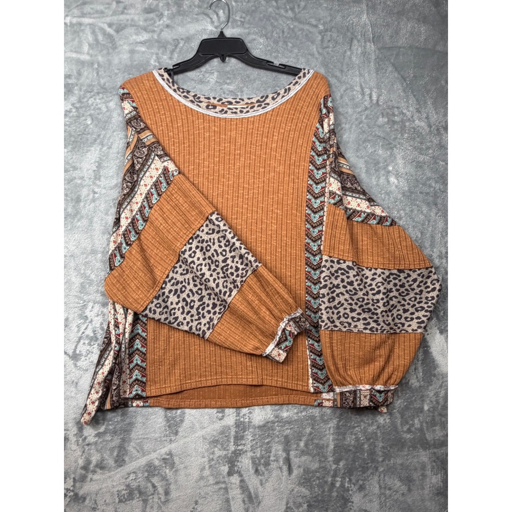 Gigio Plus Mixed Print Ribbed Knit Top Leopard Paisley Patchwork 1XL - Picture 2 of 8